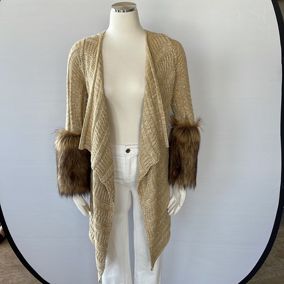 Boston Proper Tweed Sweater Coat, Faux Fur XS - Picture 2 of 10